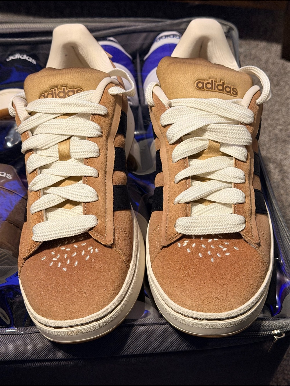 adidas Men’s Suede Sneakers in Tan with Black Stripes - Picture 2 of 4